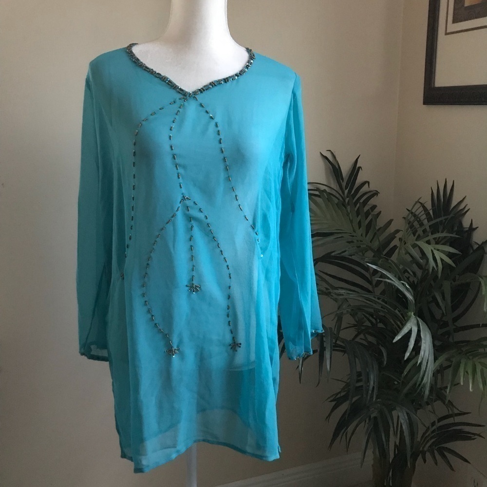 NWT Bijoux Terner Blue Beaded Swimsuit Bathing Suit Coverup S/M*